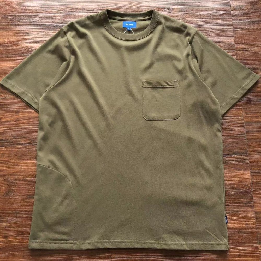 BEAMS Chest Back Pocket Solid Green Short Sleeves